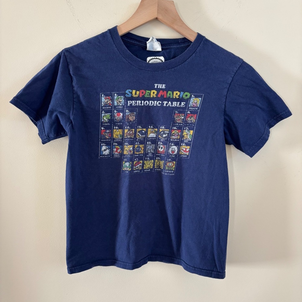 Nintendo Super Mario Periodic Table Graphic Tee Navy Blue Kids M Fits Women XS S